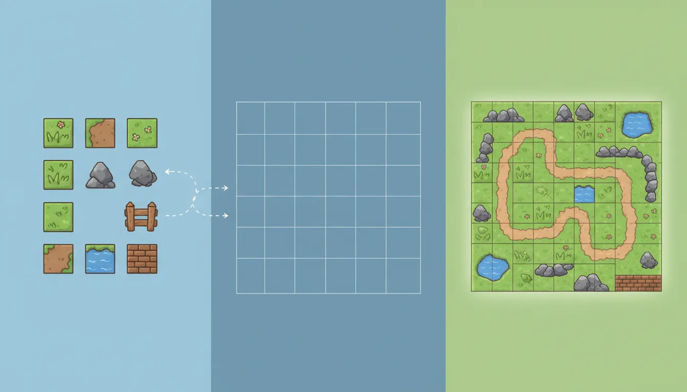 Tilemap grid system showing tileset palette and assembled game world