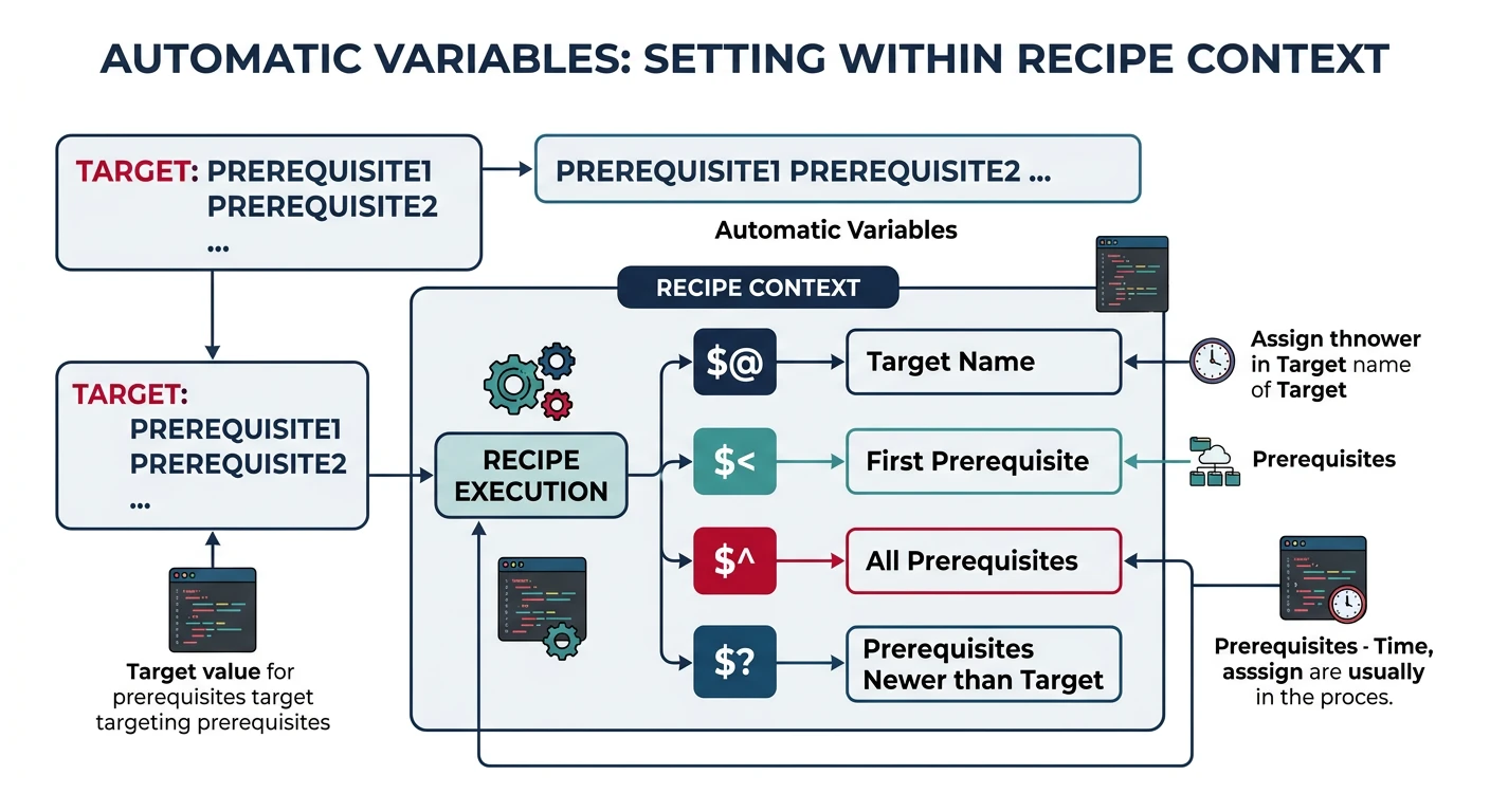 Diagram showing how automatic variables are set within recipe context based on rule targets and prerequisites