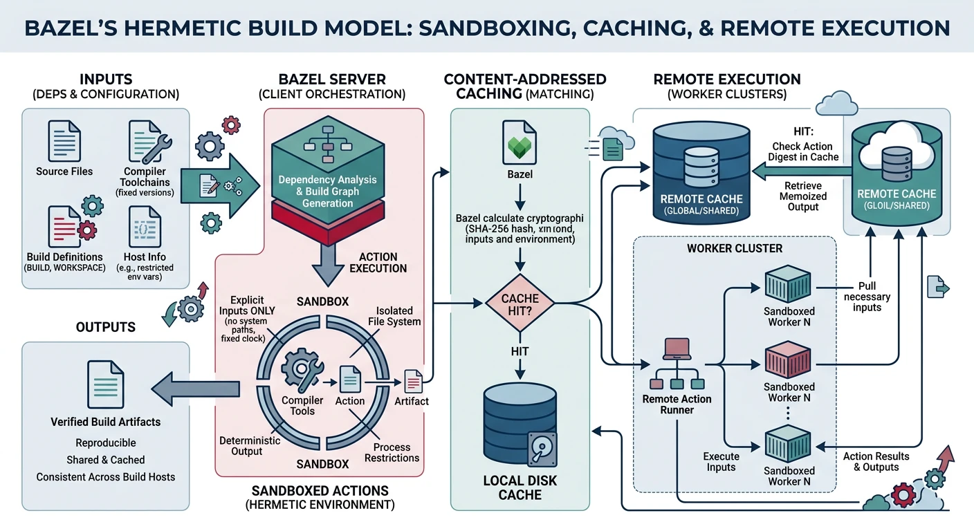Diagram showing Bazel's hermetic build model with sandboxed actions, content-addressed caching, and remote execution across worker clusters