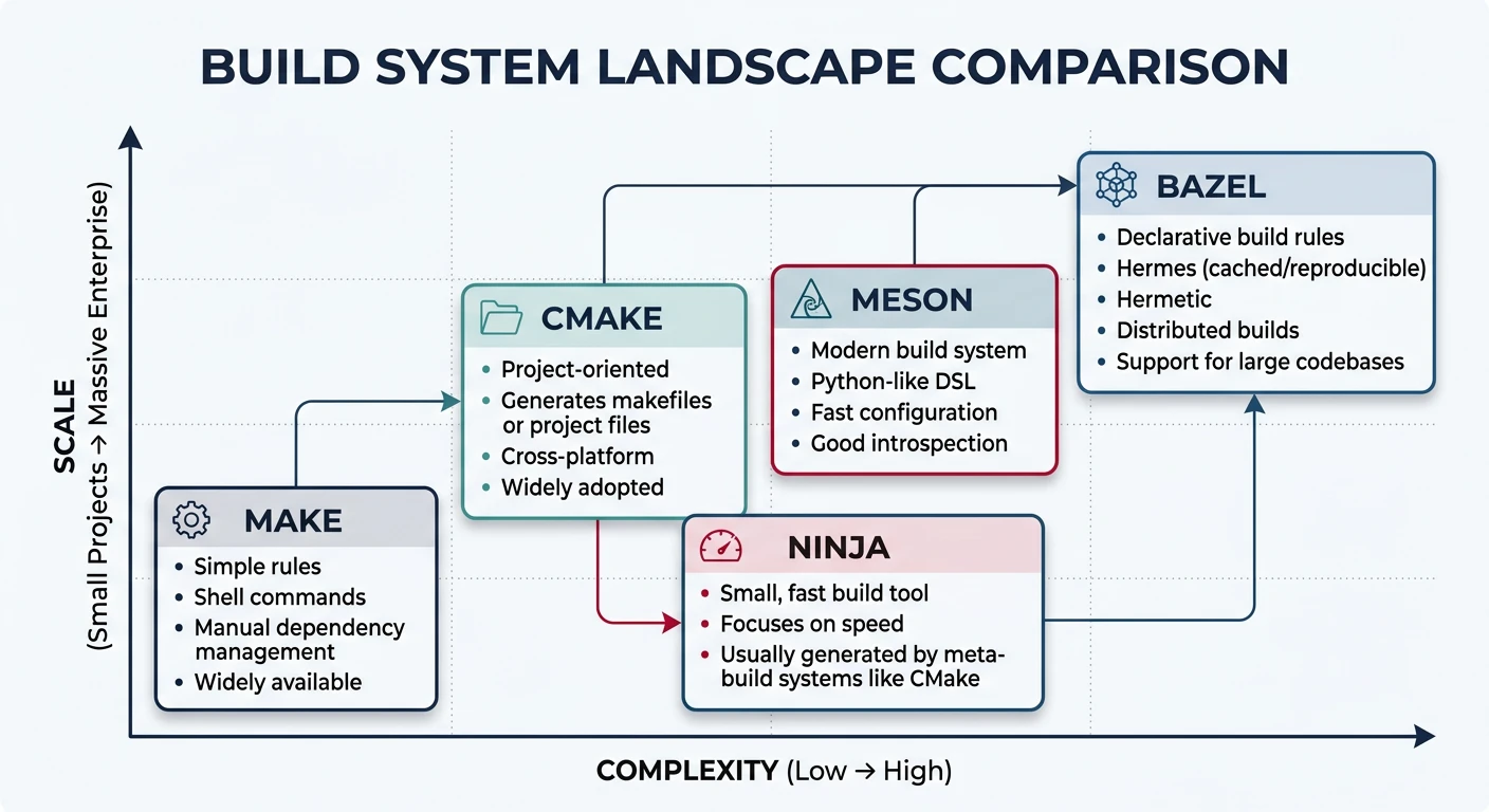 Diagram comparing the build system landscape showing Make, CMake, Ninja, Meson, and Bazel positioned by complexity and scale