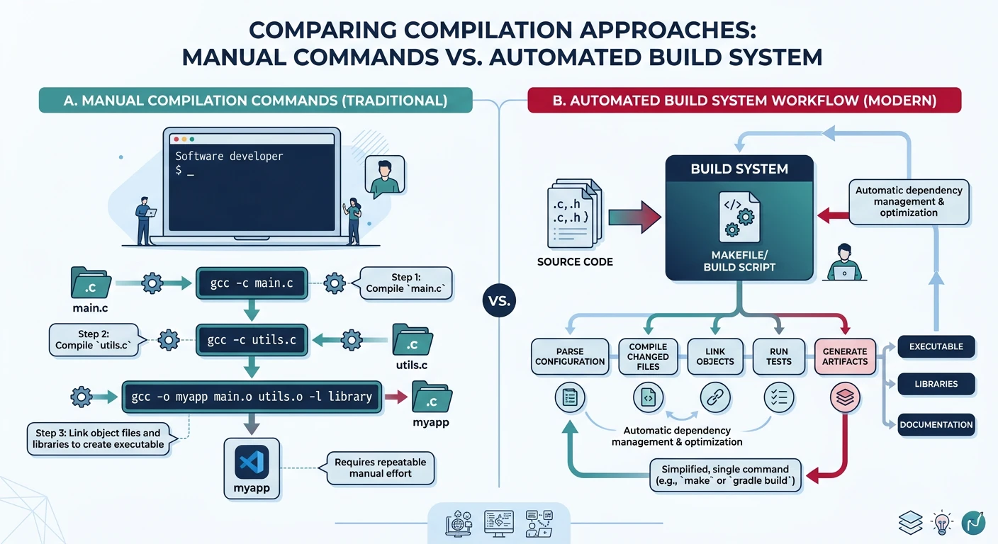 Diagram comparing manual compilation commands versus automated build system workflow