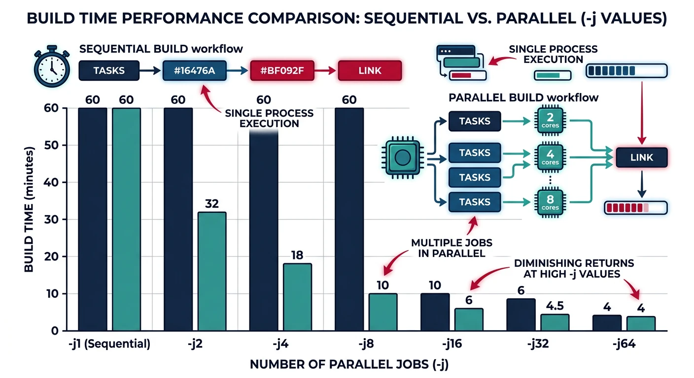Bar chart comparing sequential build time versus parallel build time across different -j values