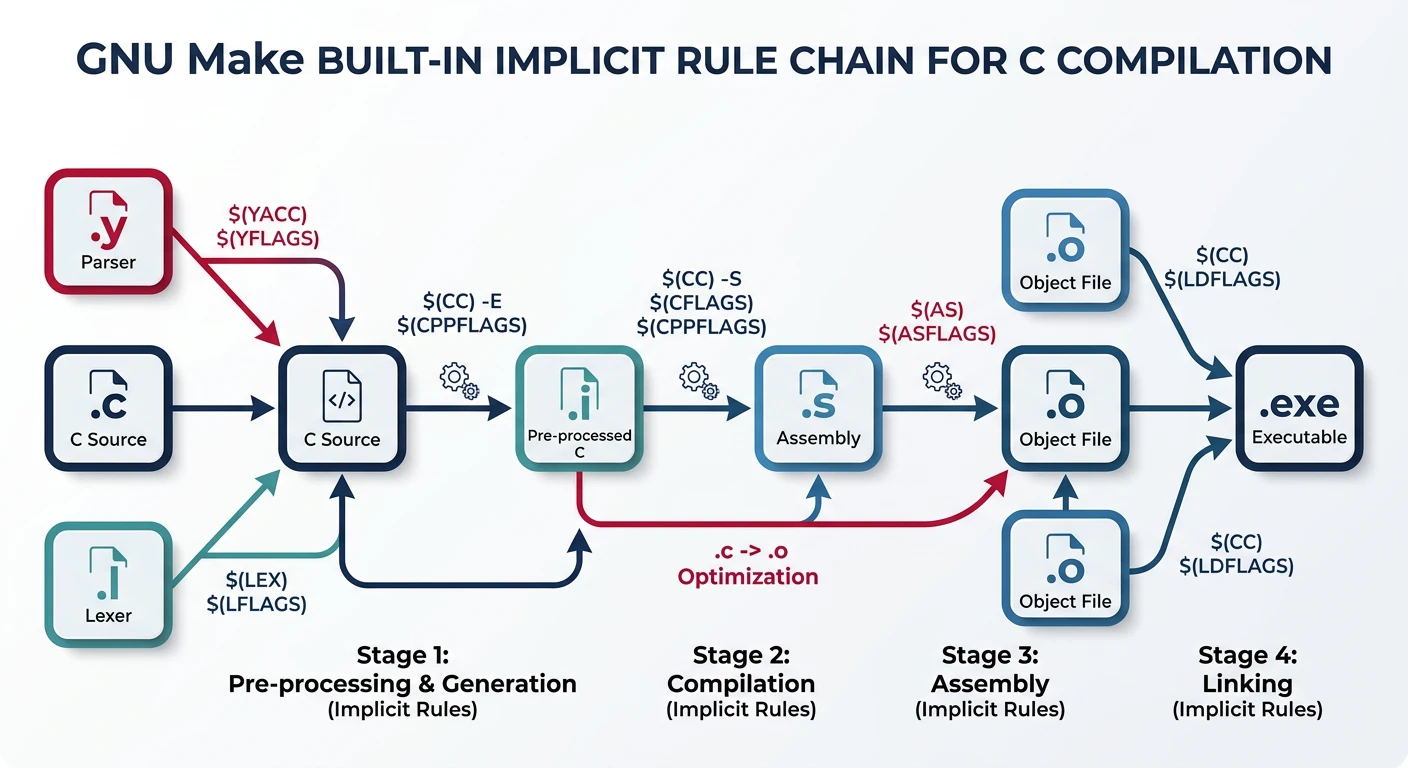 Diagram showing GNU Make built-in implicit rule chain for C compilation