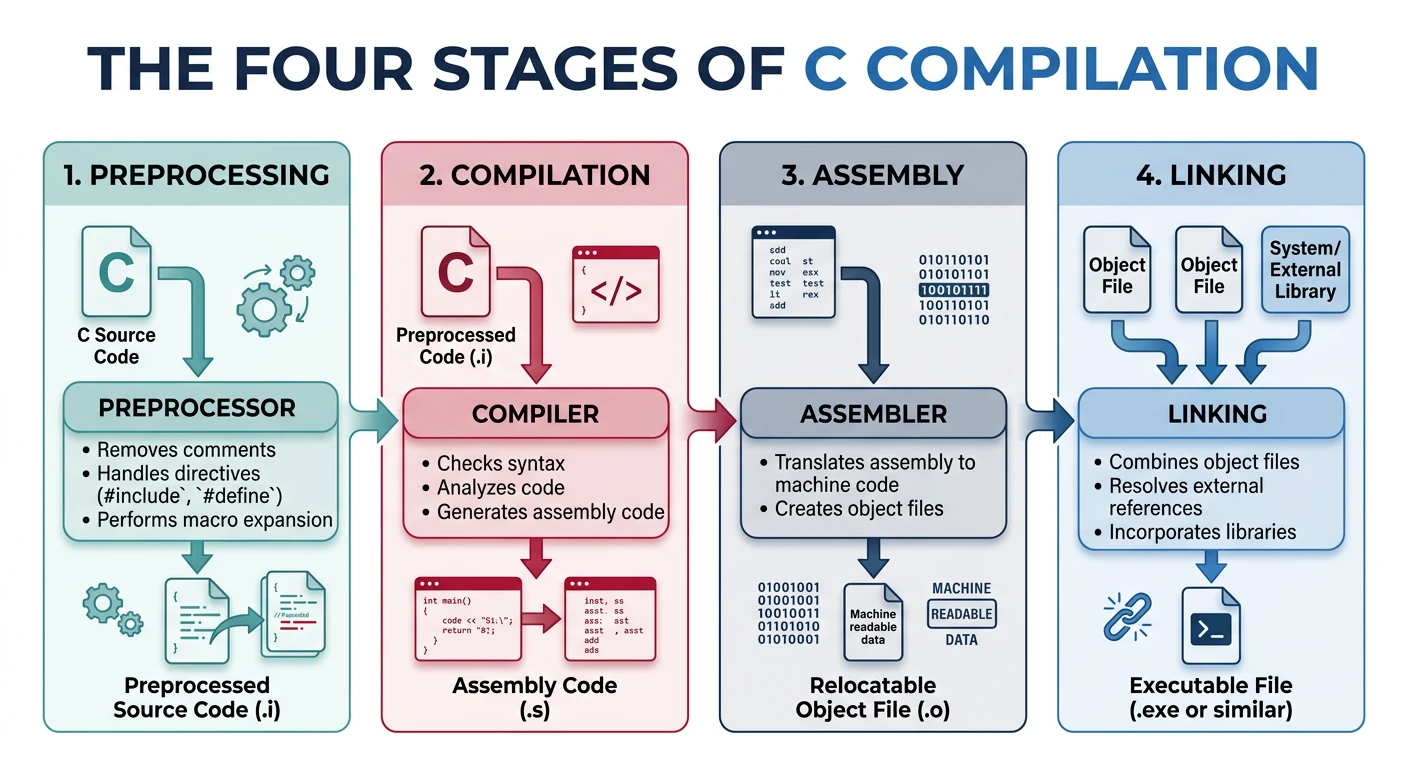 Diagram showing the four stages of C compilation: preprocessing, compilation, assembly, and linking