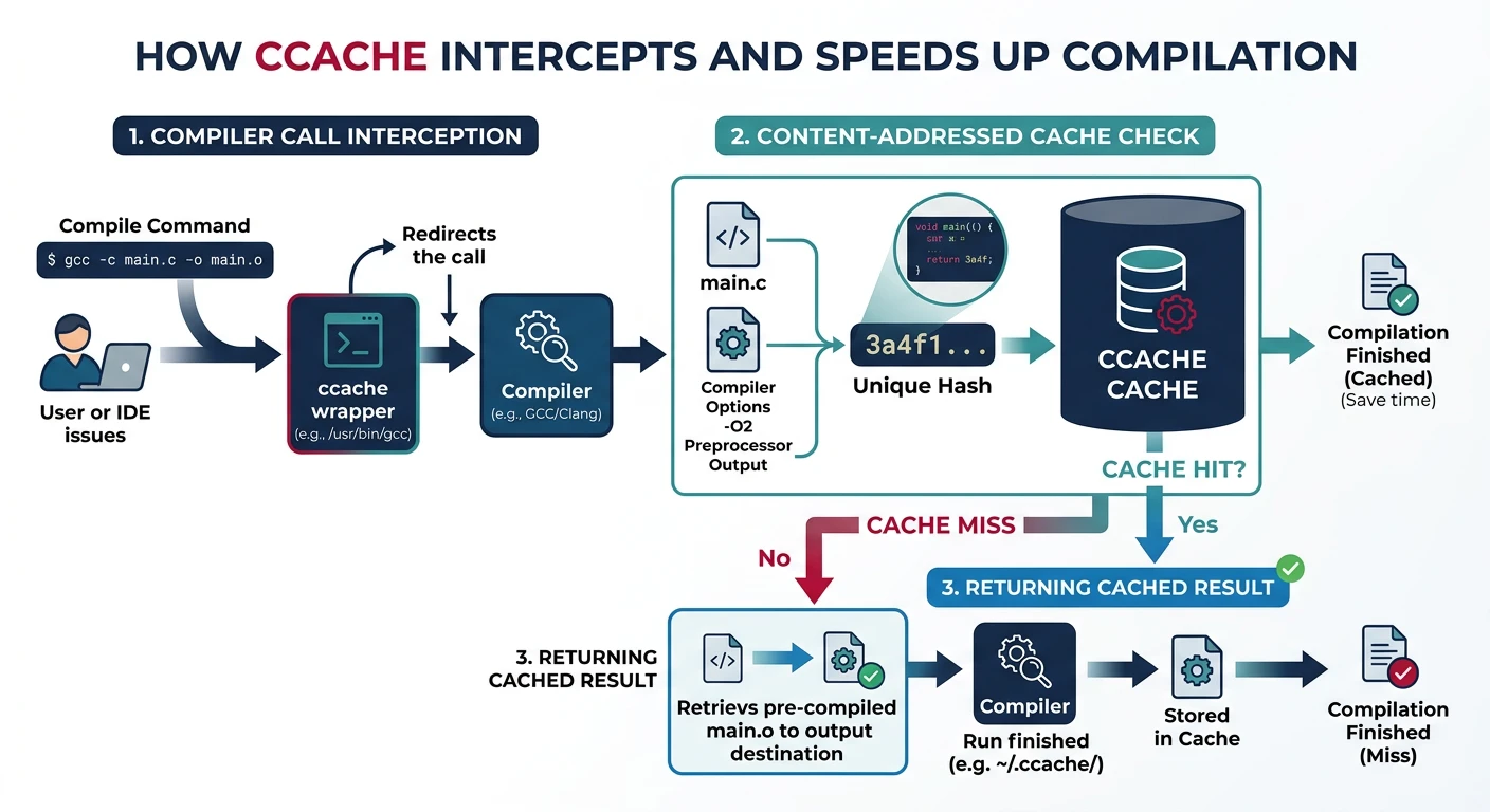 Diagram showing ccache intercepting compiler calls, checking its content-addressed cache, and returning cached results on hit
