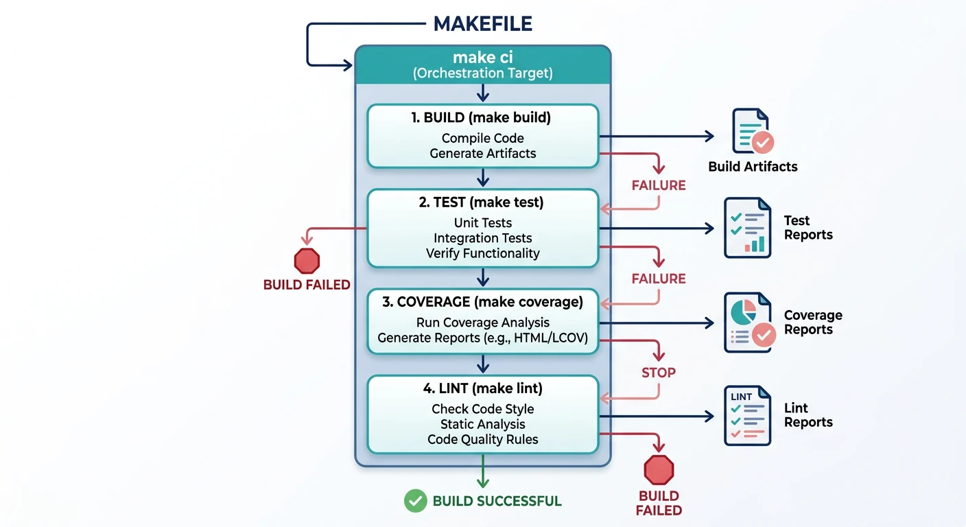 Diagram showing CI-friendly Makefile targets with make ci orchestrating build, test, coverage, and lint stages