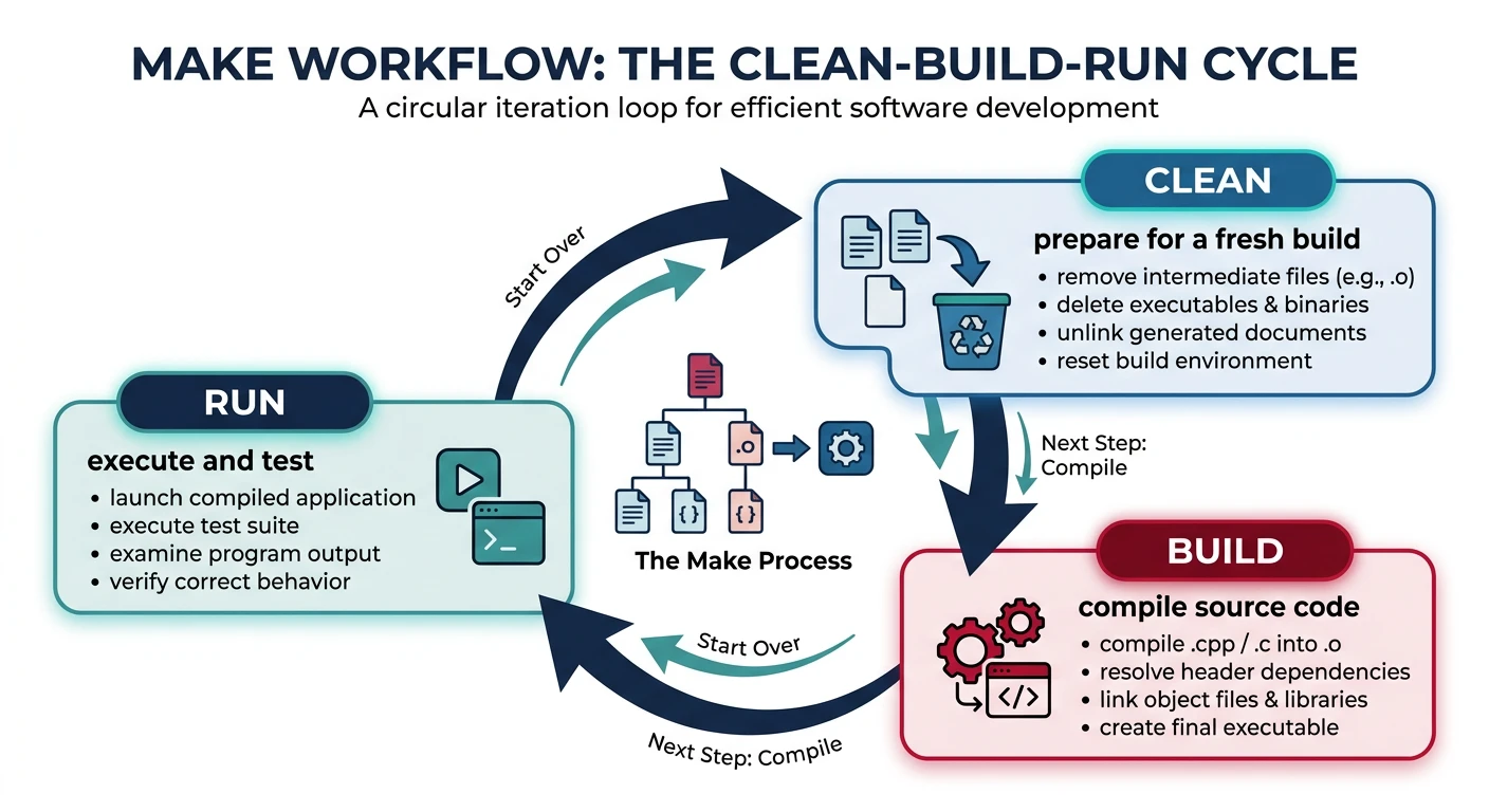 Circular workflow diagram showing the clean, build, and run cycle in Make