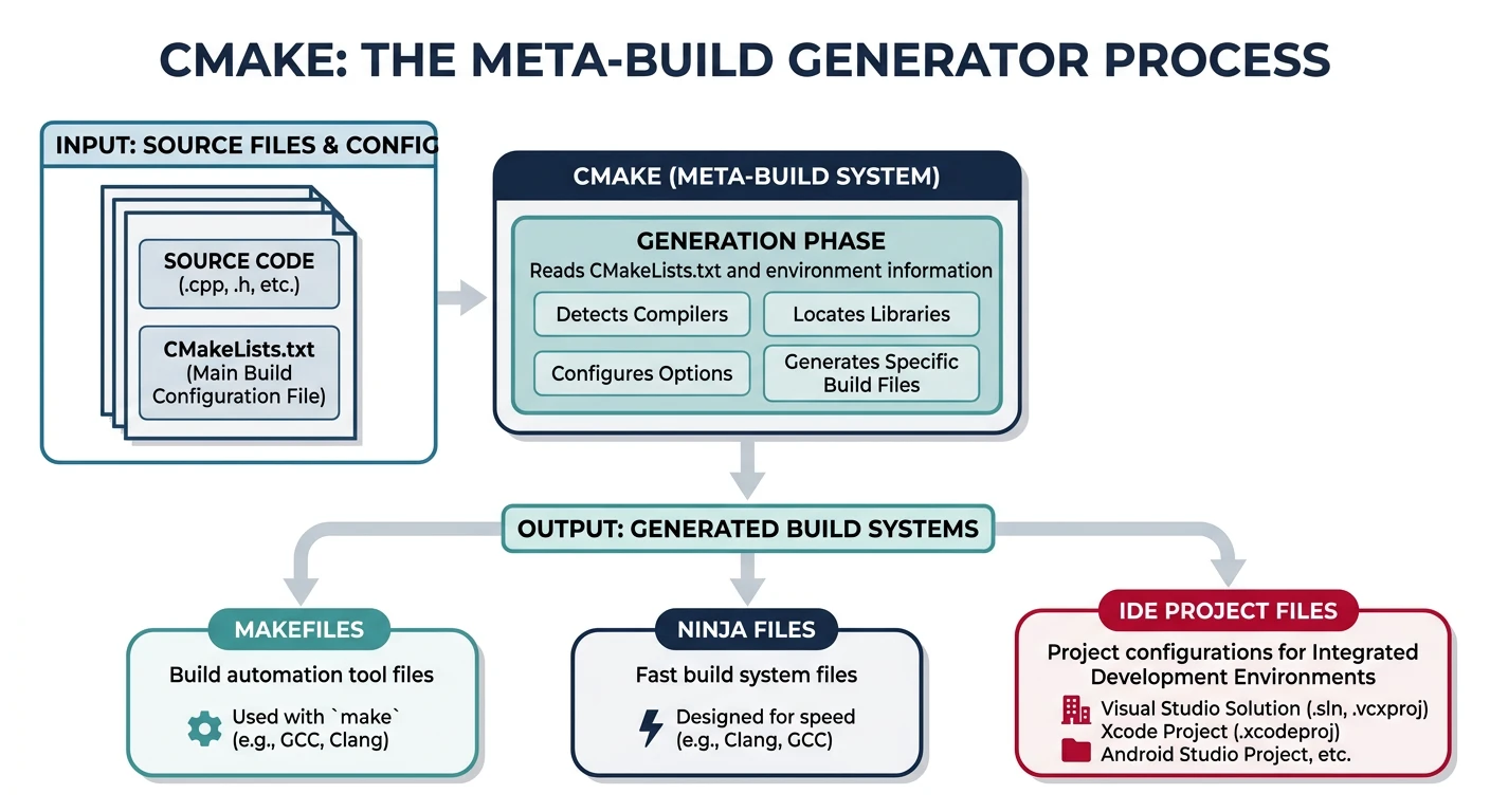 Diagram showing CMake as a meta-build generator that reads CMakeLists.txt and produces Makefiles, Ninja files, or IDE project files