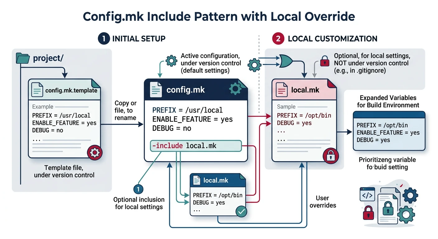 Diagram showing the config.mk include pattern with template and local override files