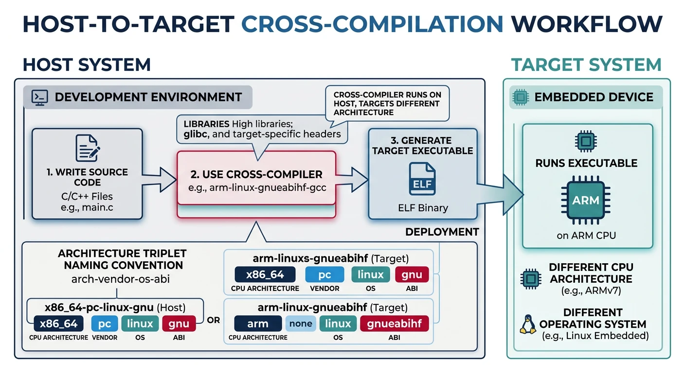 Diagram showing the host-to-target cross-compilation workflow with architecture triplet naming convention