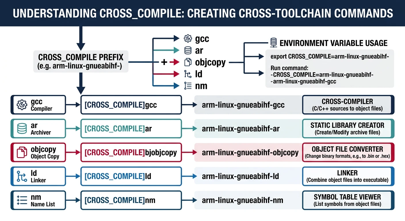 Diagram showing the CROSS_COMPILE variable prefixing gcc, ar, objcopy, and other tool names to create cross-toolchain commands
