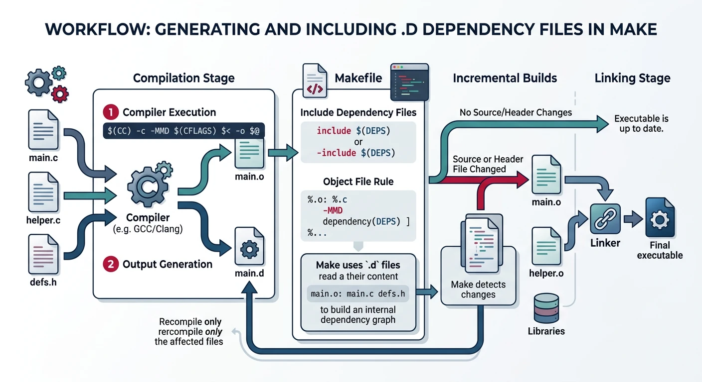 Diagram showing the workflow of generating and including .d dependency files in Make