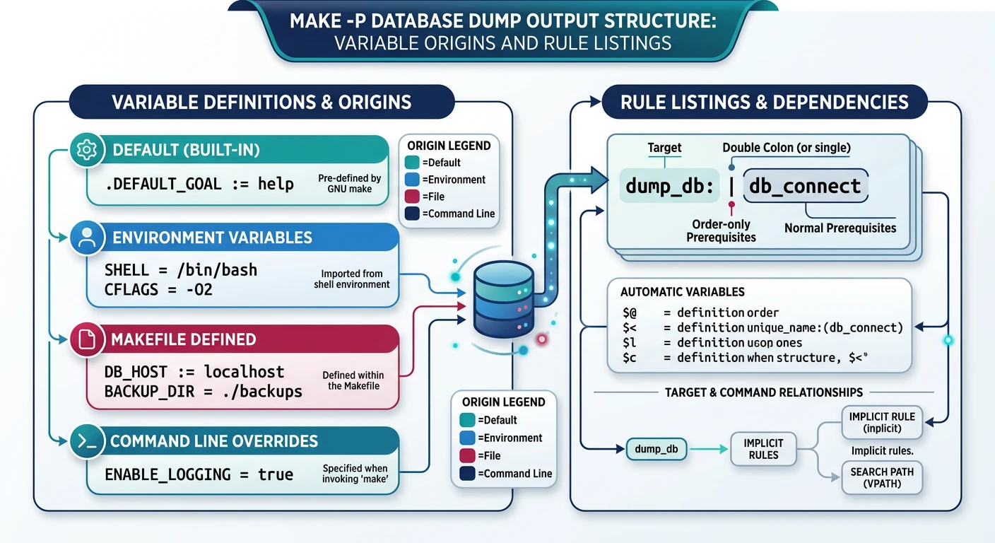Diagram showing make -p database dump output structure with variable origins (default, environment, file, command line) and rule listings