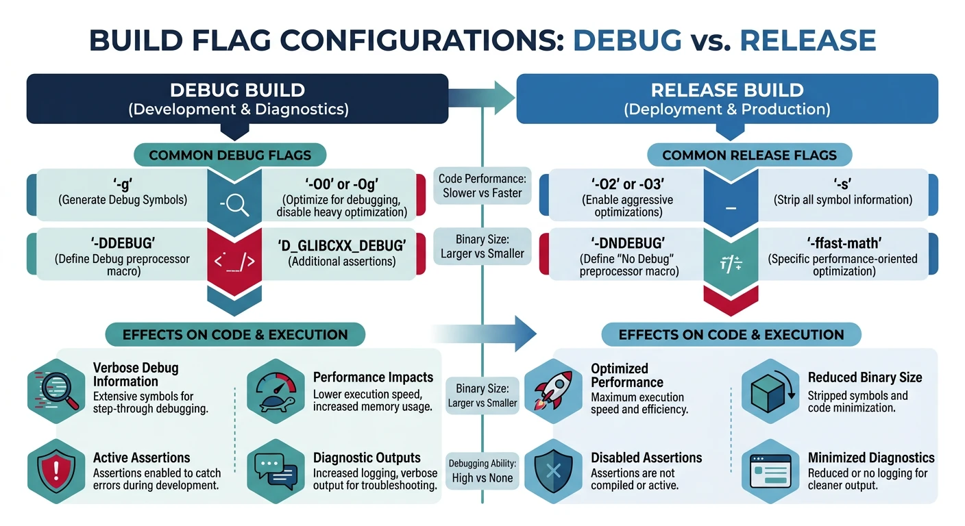 Diagram showing debug versus release build flag configurations and their effects