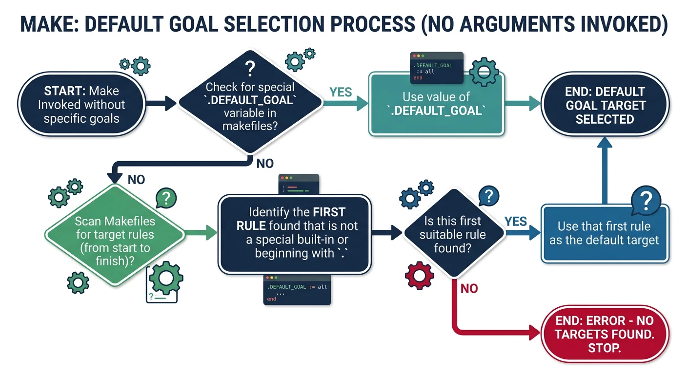 Flowchart showing how Make selects the default goal target when invoked without arguments