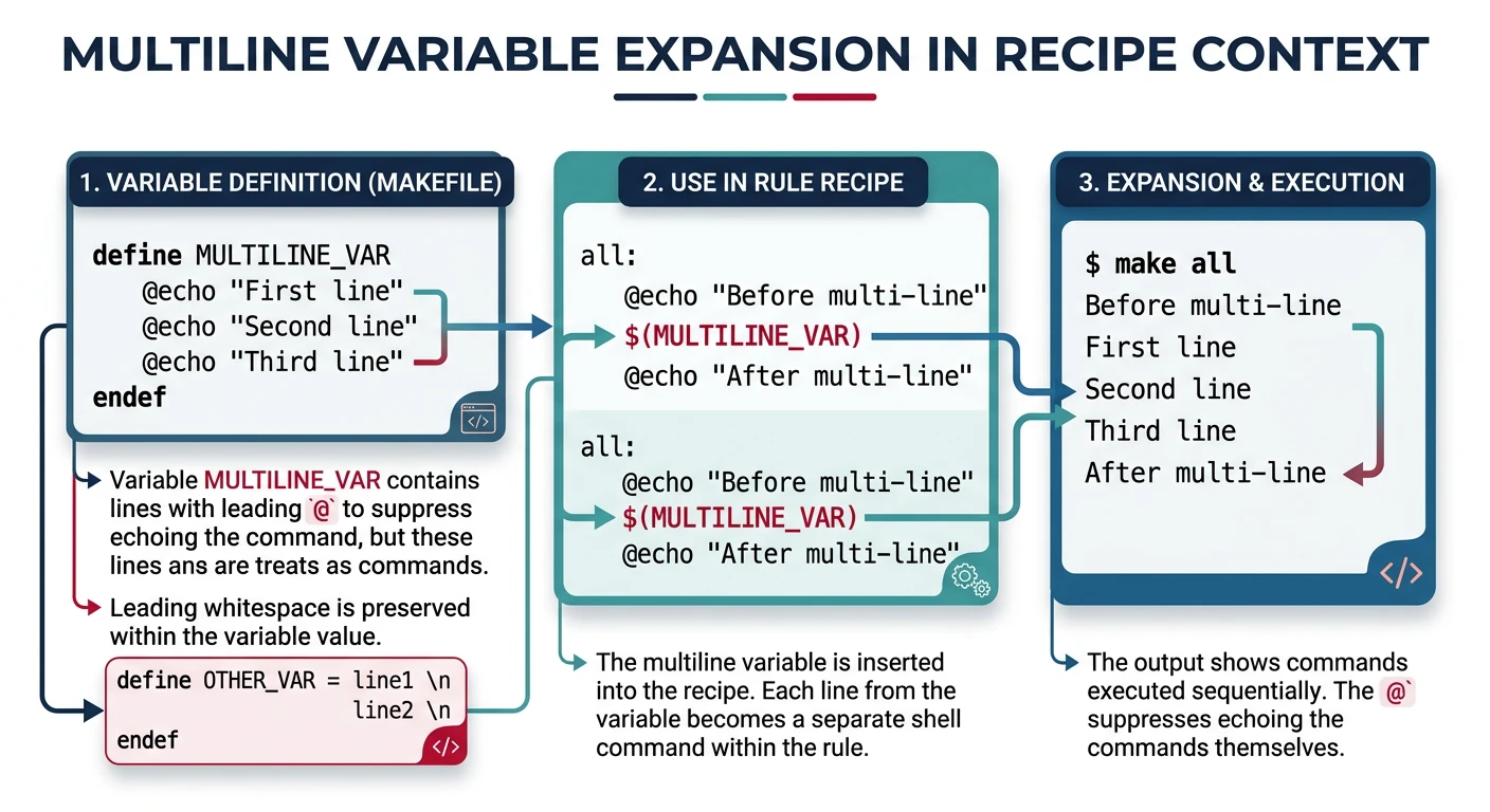 Diagram showing how define/endef multiline variables expand in recipe context