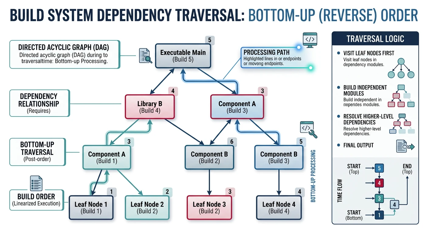Directed acyclic graph illustrating bottom-up dependency traversal in a build system