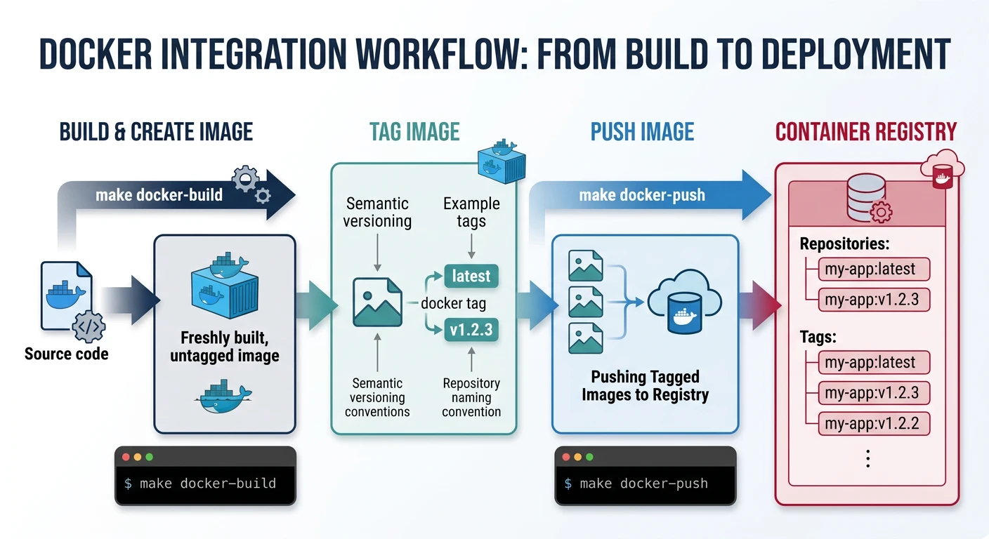 Diagram showing the Docker integration workflow from make docker-build through tagging to make docker-push to a container registry
