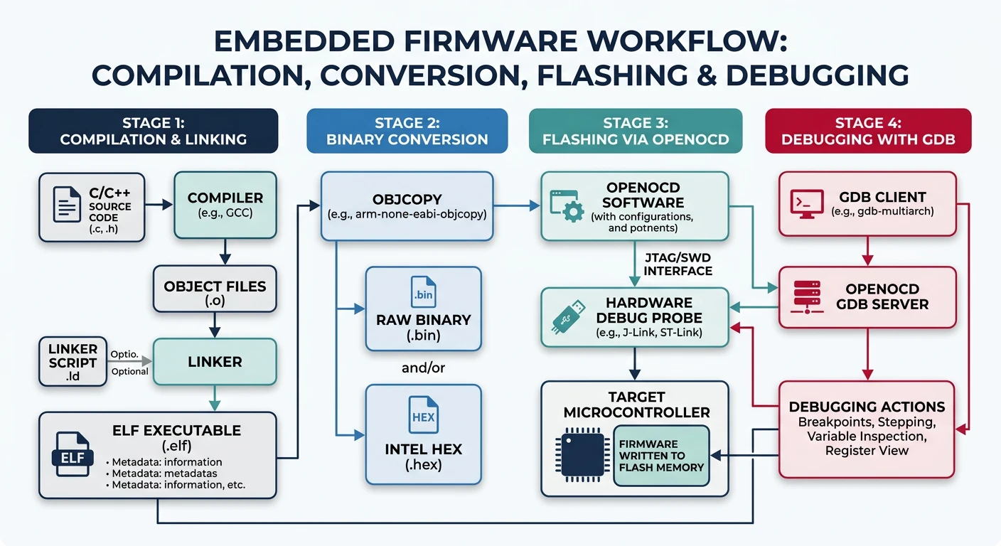 Diagram showing the embedded firmware workflow from compilation through objcopy binary conversion to flashing via OpenOCD and debugging with GDB