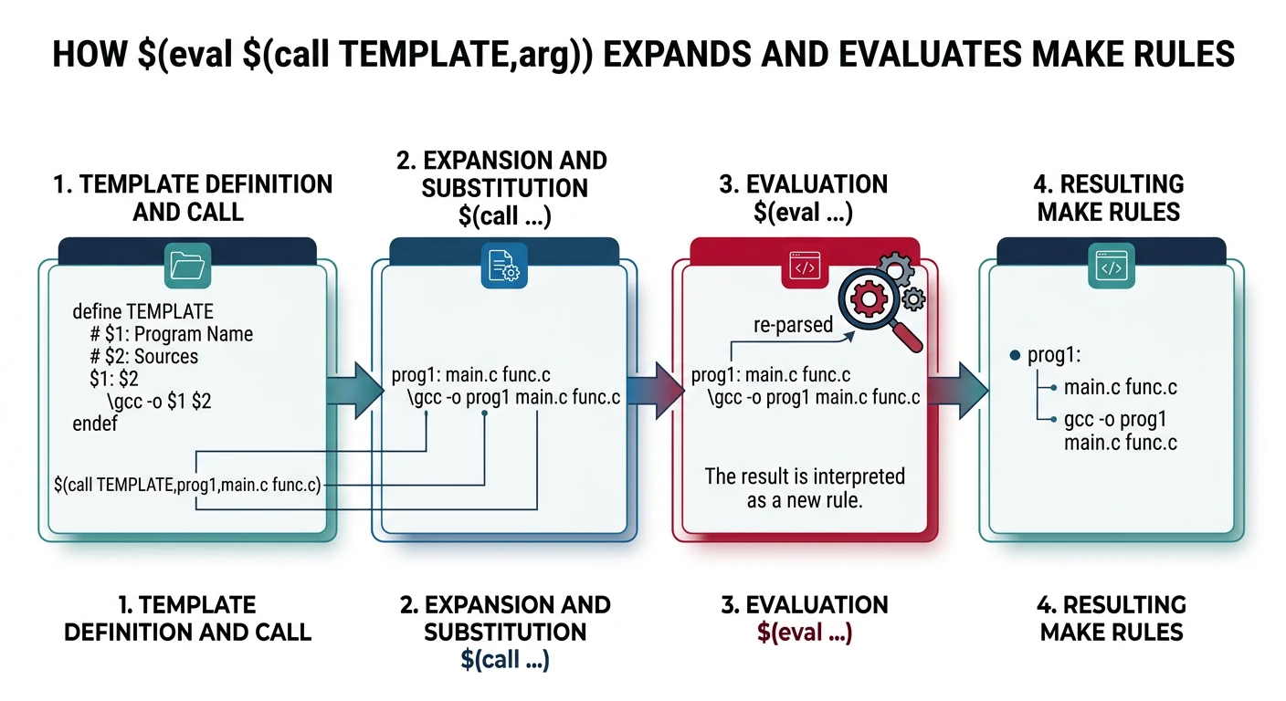 Diagram showing how $(eval $(call TEMPLATE,arg)) expands a template, substitutes arguments, then feeds the result back to Make's parser as new rules