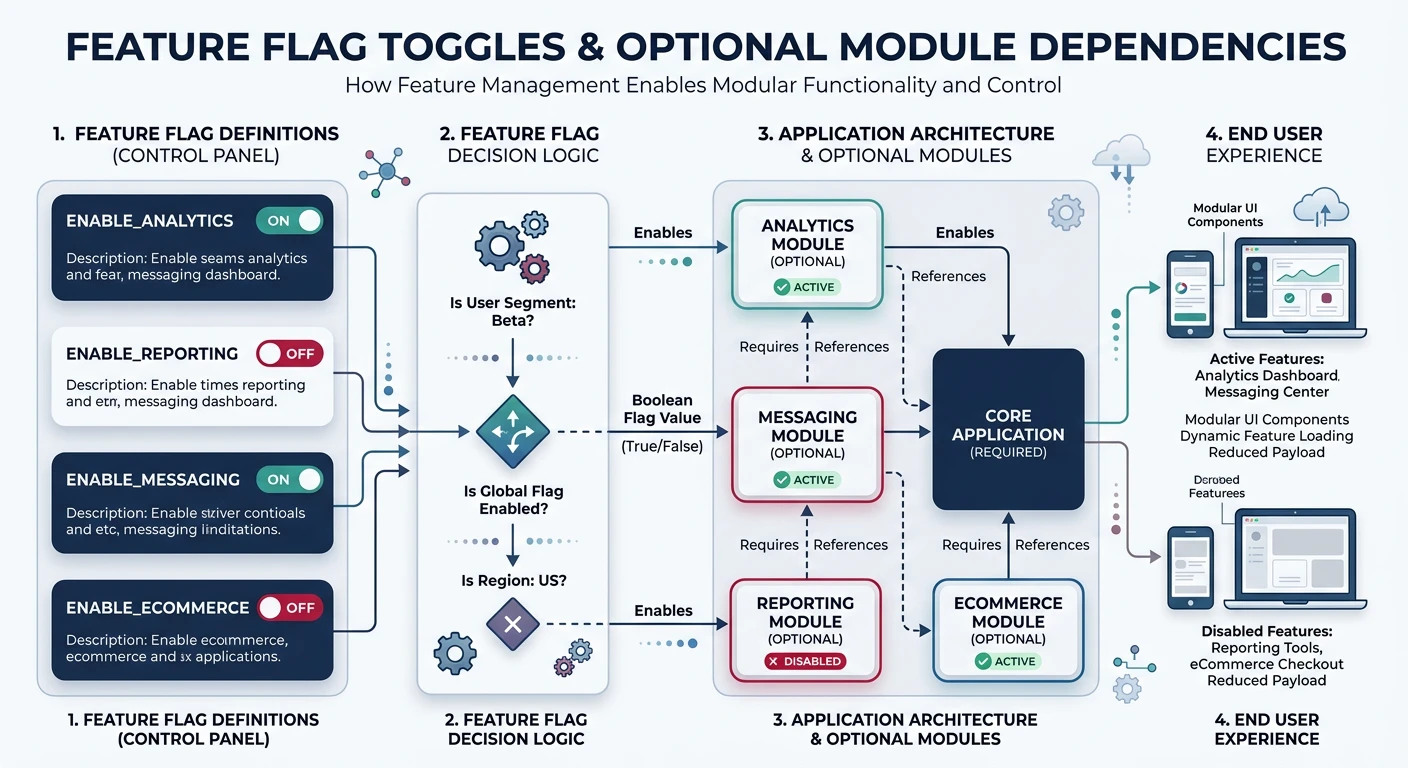 Diagram showing feature flag toggles enabling optional modules and dependencies