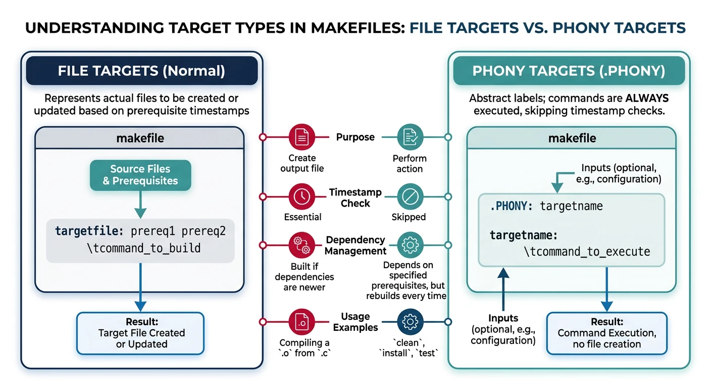 Diagram contrasting file targets with phony targets and their execution behavior
