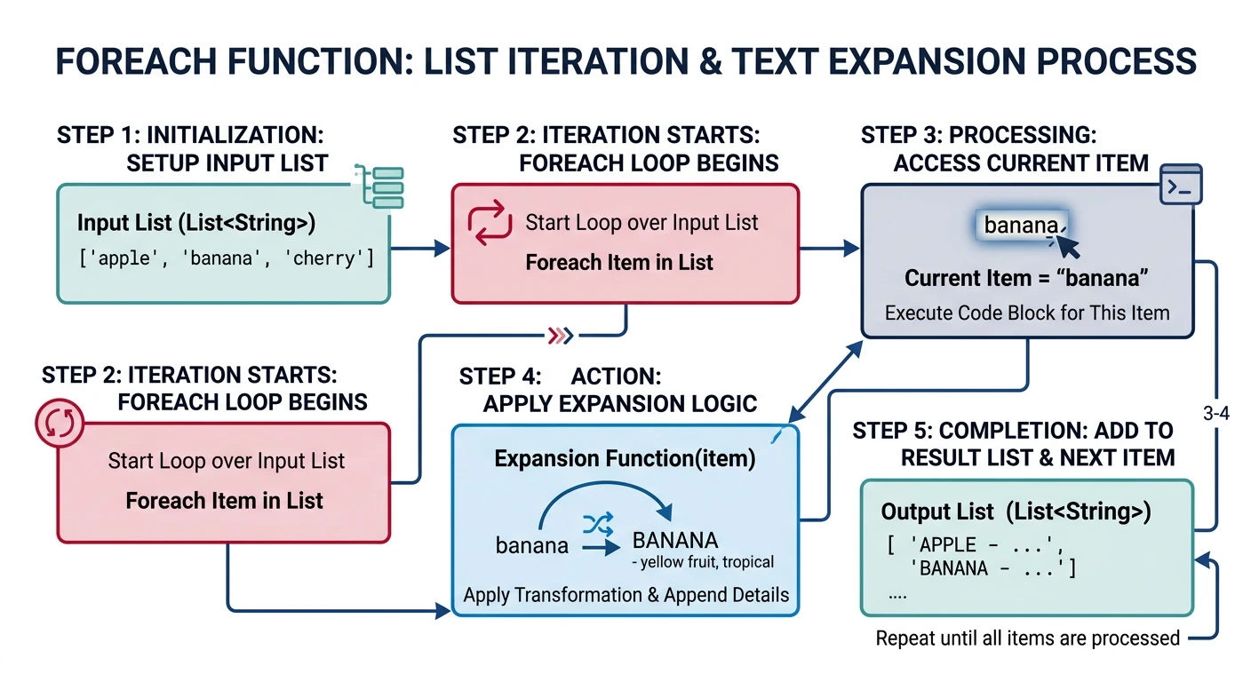 Step-by-step diagram showing foreach function iterating over a list and expanding text