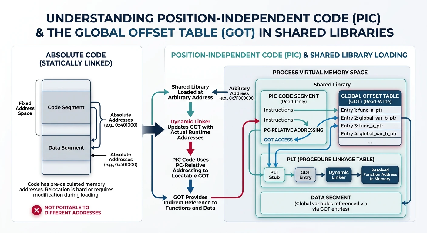 Diagram explaining position-independent code and the Global Offset Table for shared libraries