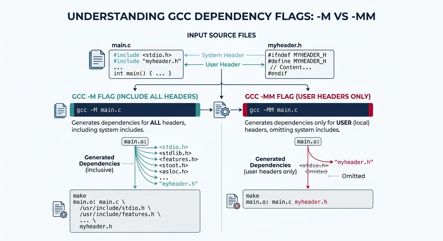 Comparison of GCC -M and -MM dependency flag output showing system versus user headers