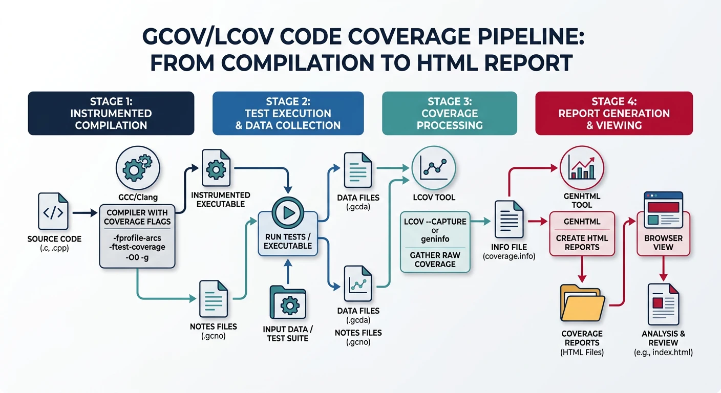 Flowchart showing the gcov/lcov code coverage pipeline from instrumented compilation through test execution to HTML report generation