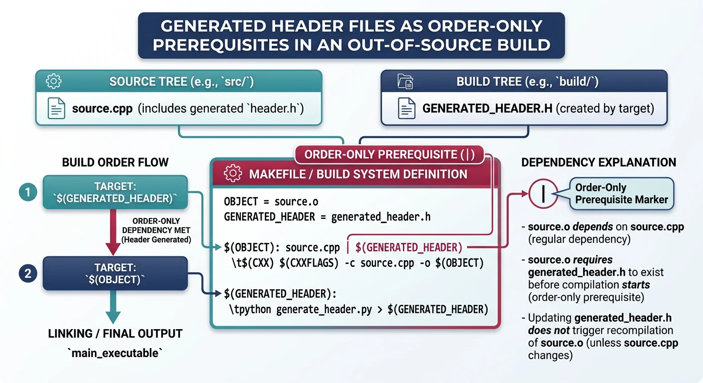 Diagram showing generated header files as order-only prerequisites in an out-of-source build