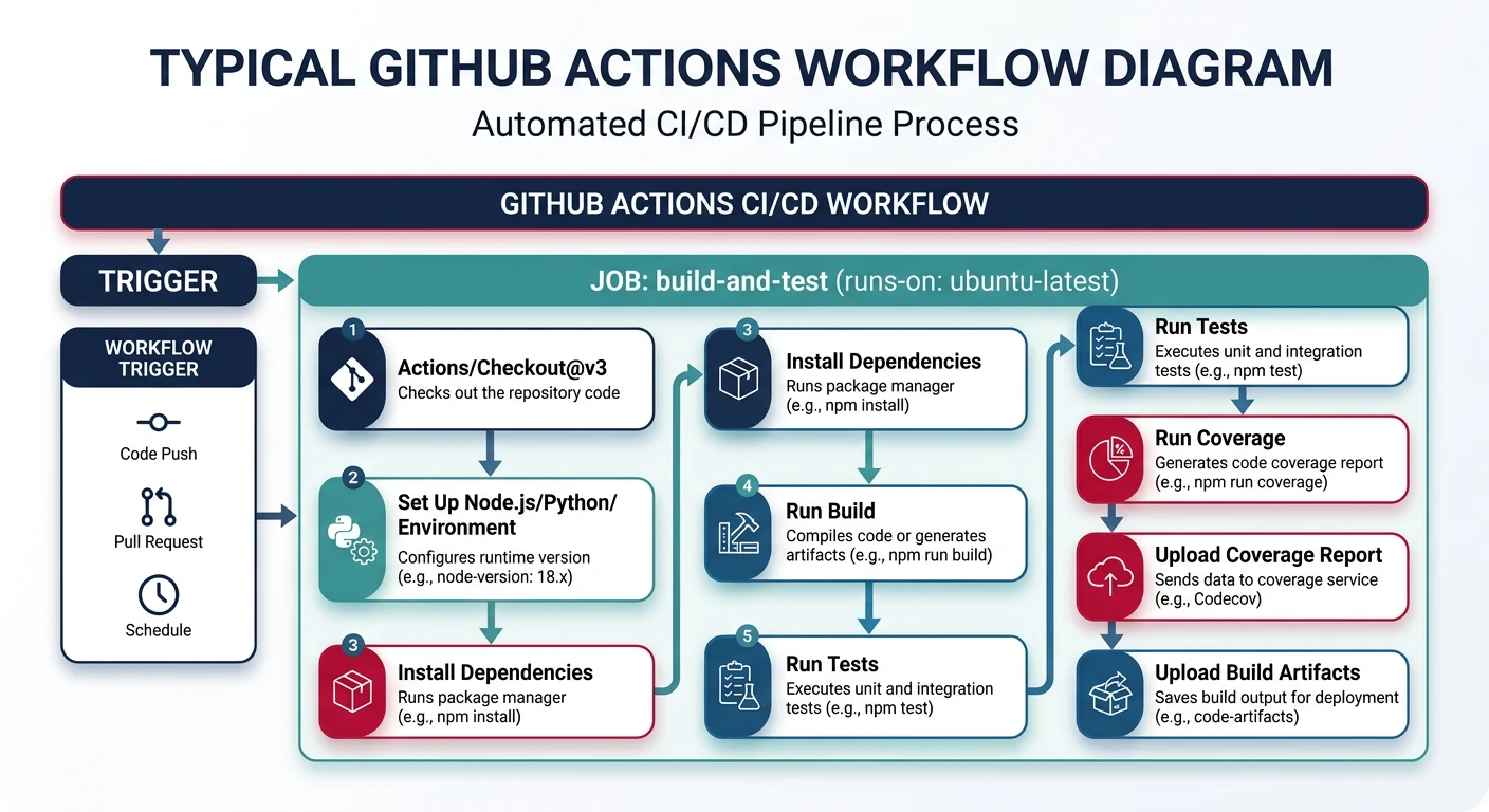 Diagram showing a GitHub Actions workflow with checkout, install, build, test, coverage, and upload steps