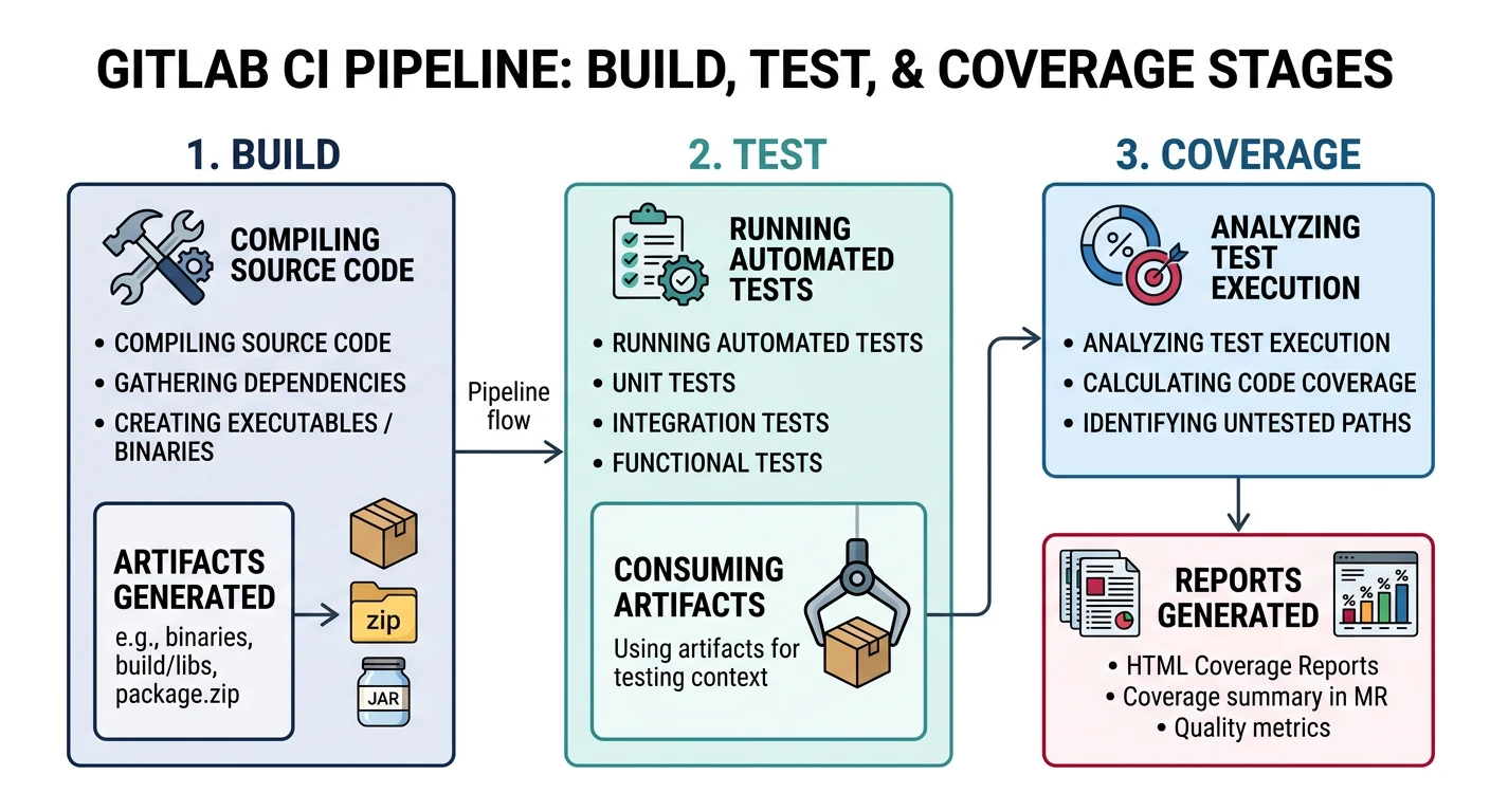 Diagram showing GitLab CI pipeline stages: build producing artifacts, test consuming them, and coverage generating reports