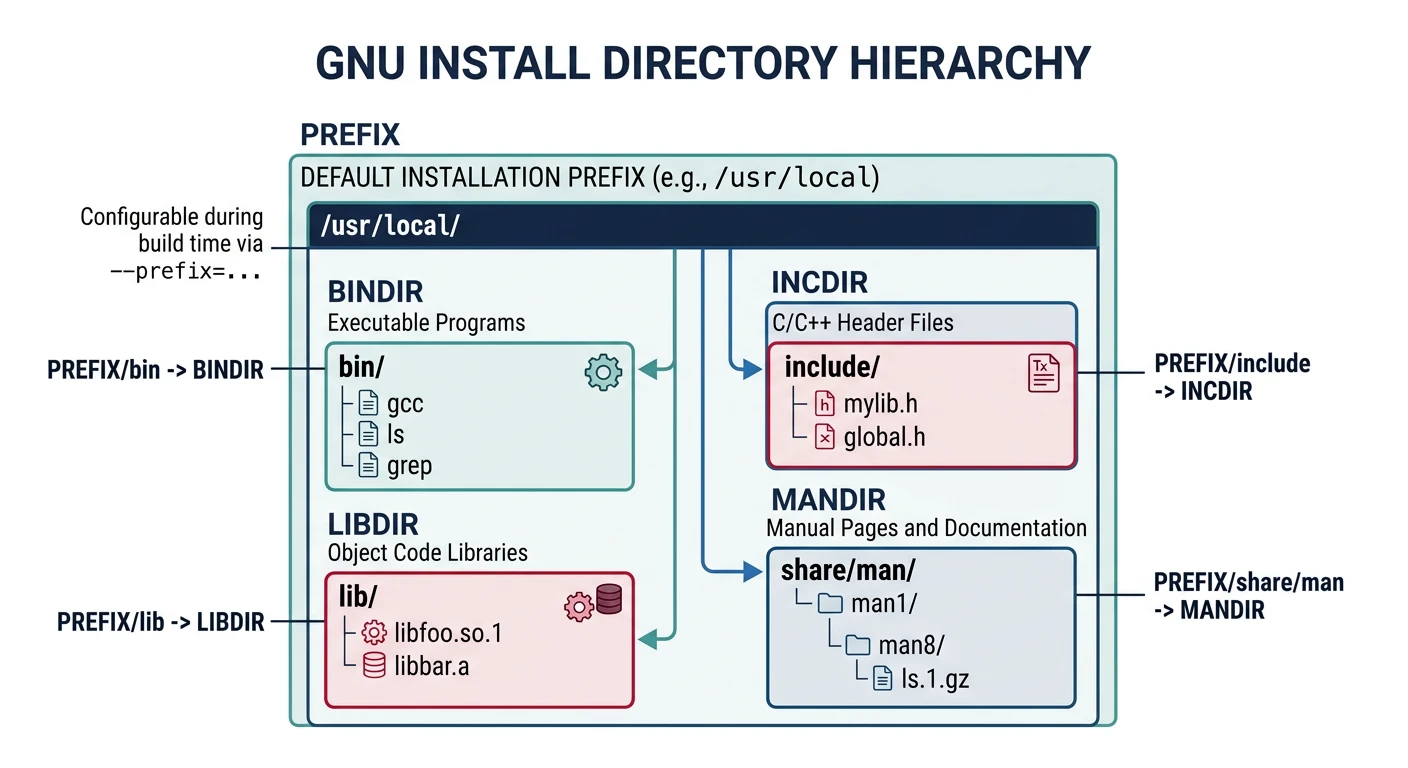 Diagram showing the GNU install directory hierarchy with PREFIX, BINDIR, LIBDIR, INCDIR, and MANDIR paths
