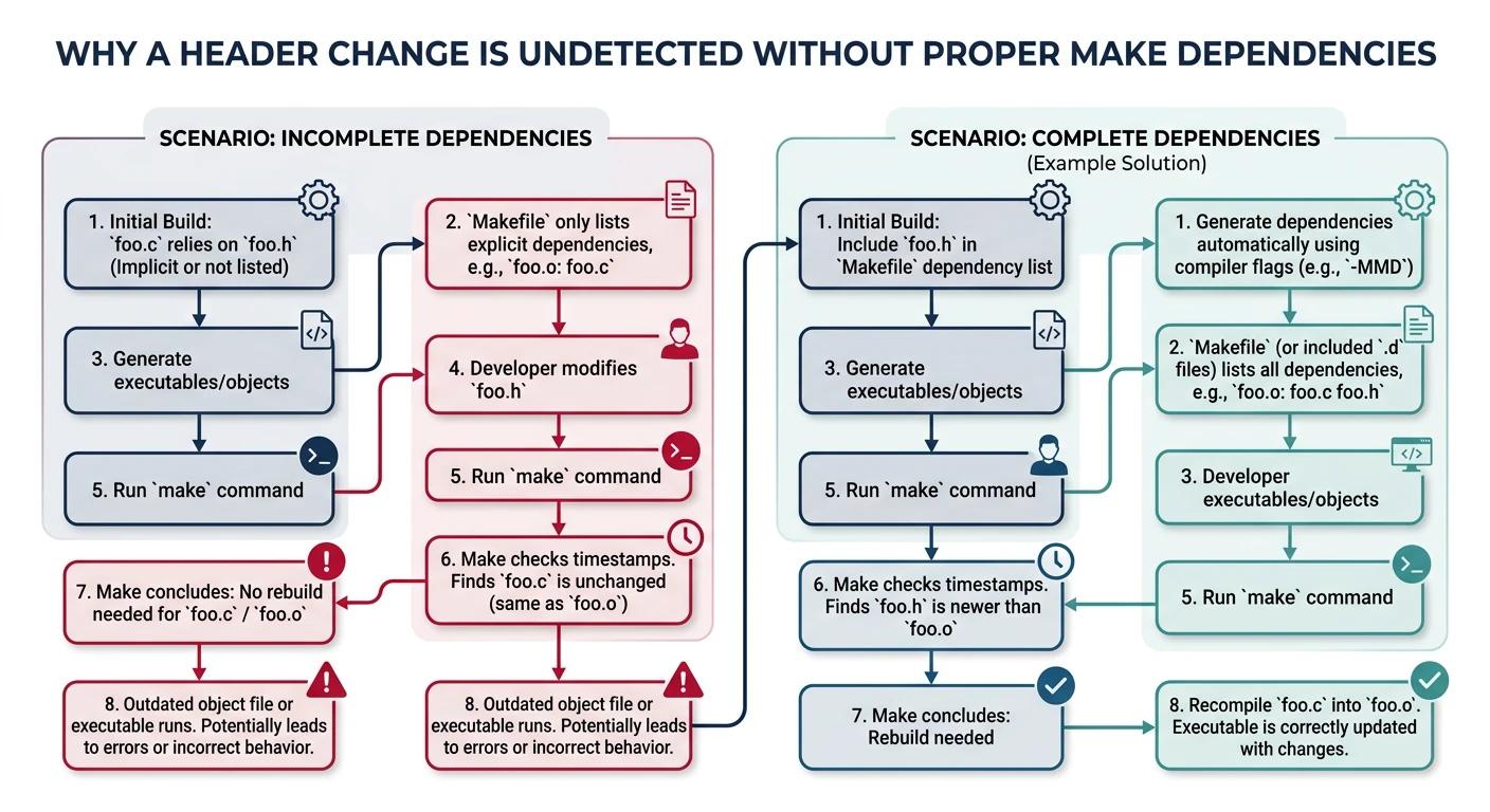 Flowchart showing how a changed header goes undetected by Make without proper dependencies