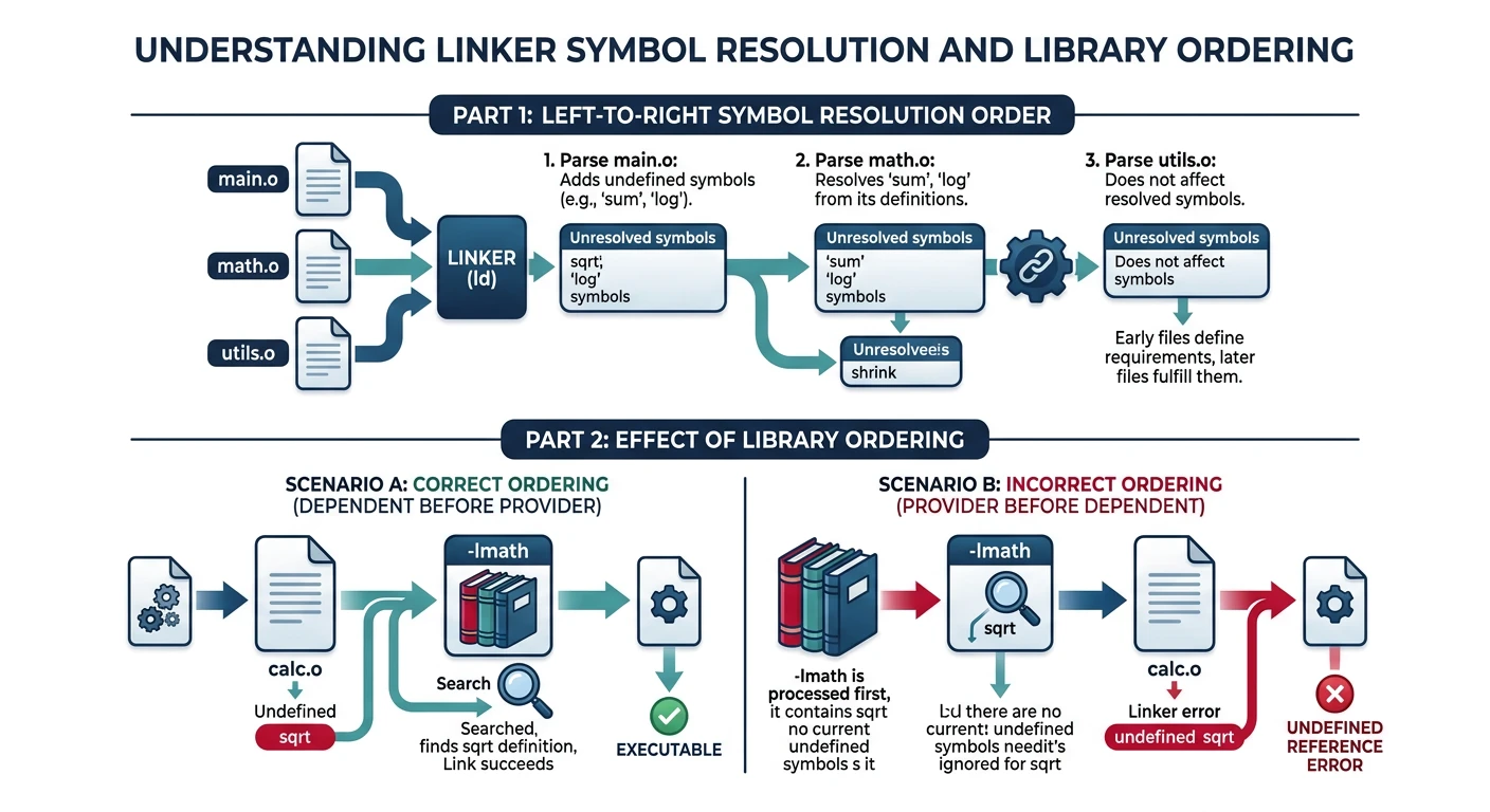 Diagram showing left-to-right linker symbol resolution order and the effect of library ordering