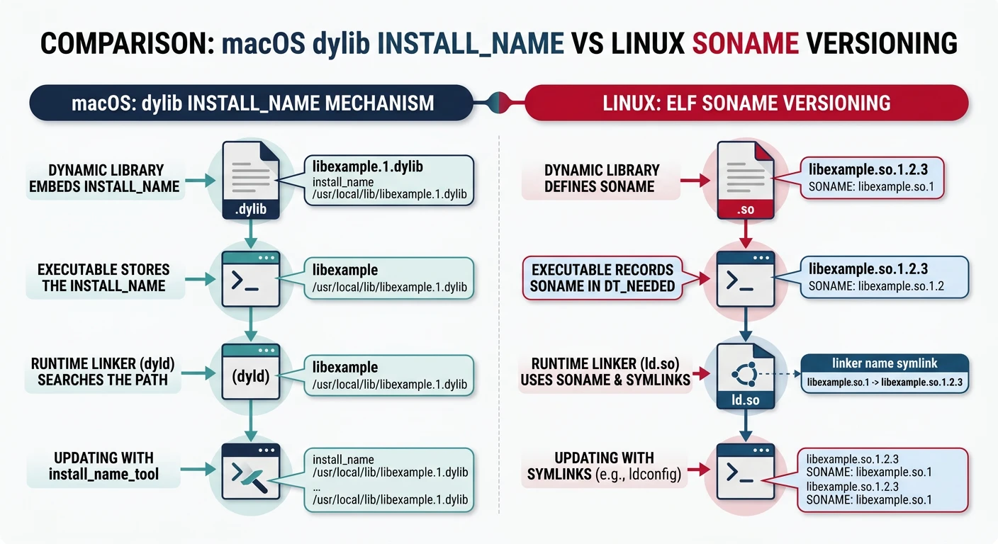 Diagram comparing macOS dylib install_name mechanism with Linux SONAME versioning