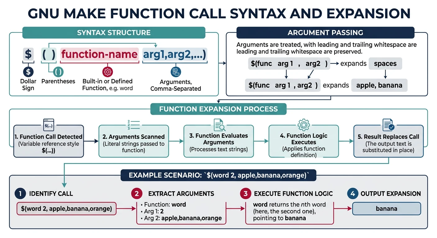 Diagram showing GNU Make function call syntax with arguments and expansion