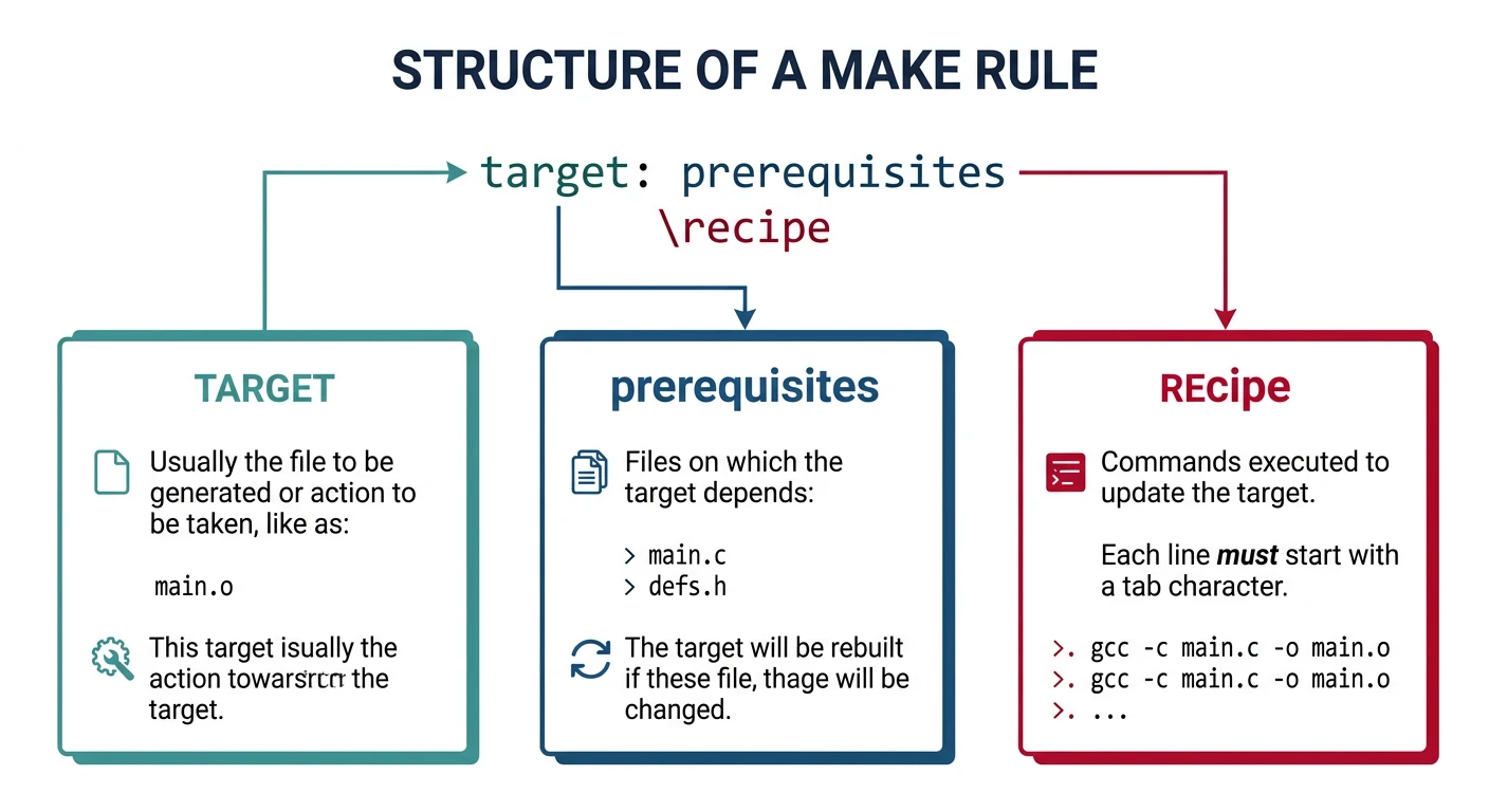 Diagram showing the three-part structure of a Make rule: target, prerequisites, and recipe