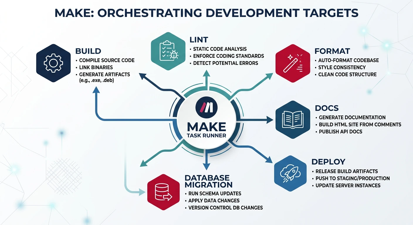 Diagram showing Make as a task runner orchestrating build, lint, format, docs, deploy, and database migration targets