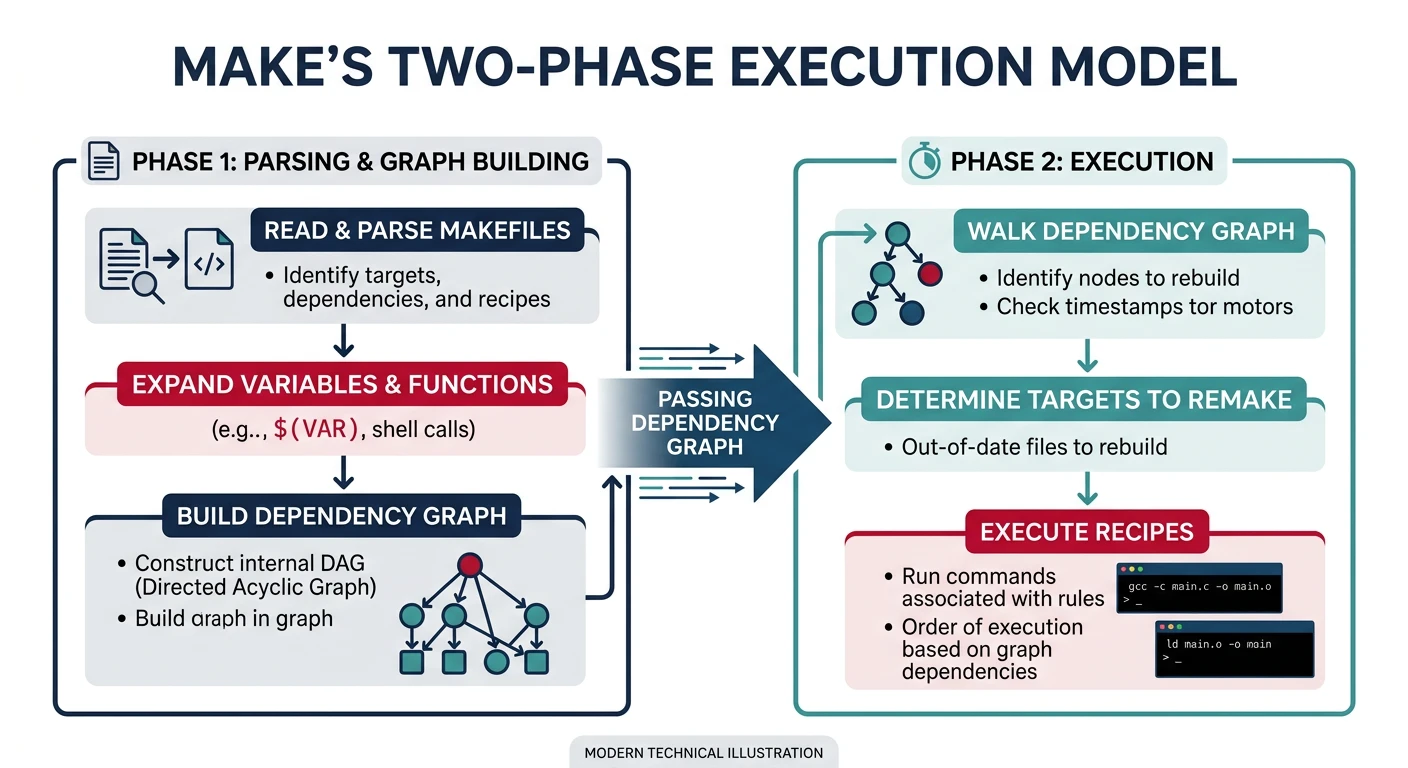 Diagram showing Make's two-phase execution model with Phase 1 parsing variables and building the dependency graph, and Phase 2 walking the graph and executing recipes