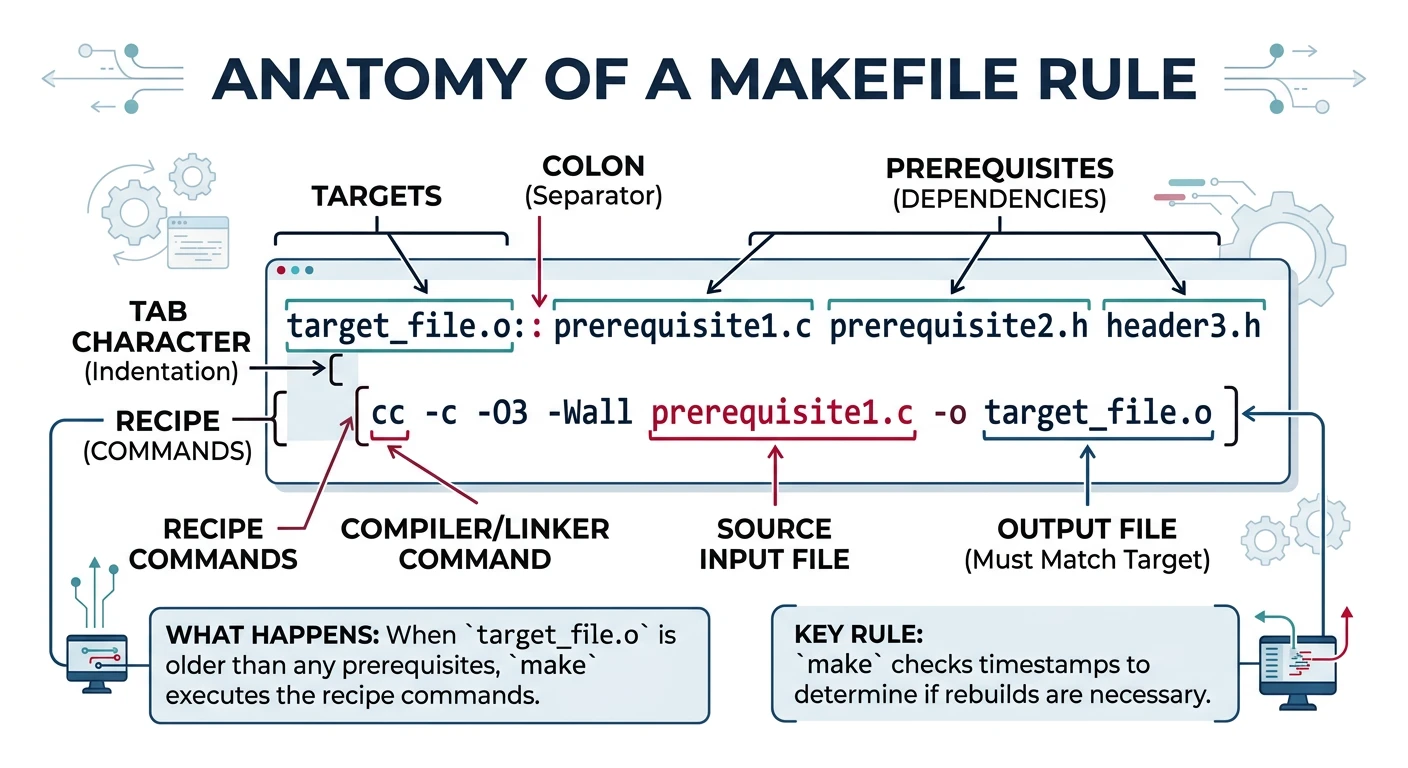 Annotated diagram of a Makefile rule showing target, prerequisites, and recipe components