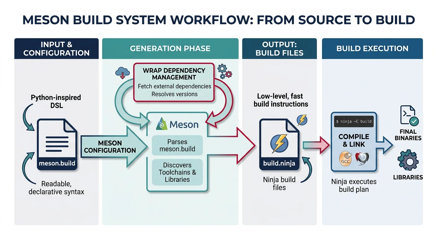 Diagram showing Meson's workflow: Python-inspired meson.build files configure into Ninja build files, with built-in wrap dependency management