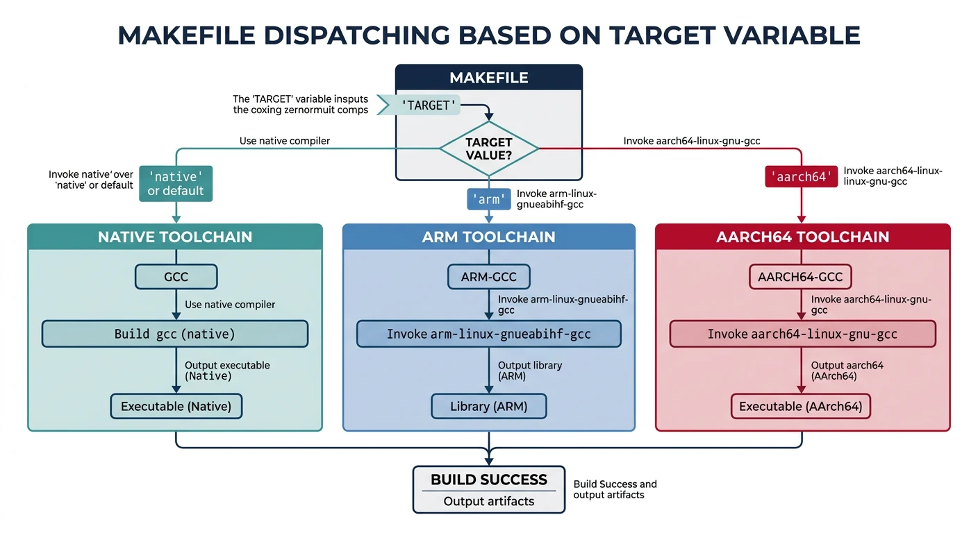 Diagram showing a single Makefile dispatching to native, ARM, and AArch64 toolchains based on the TARGET variable