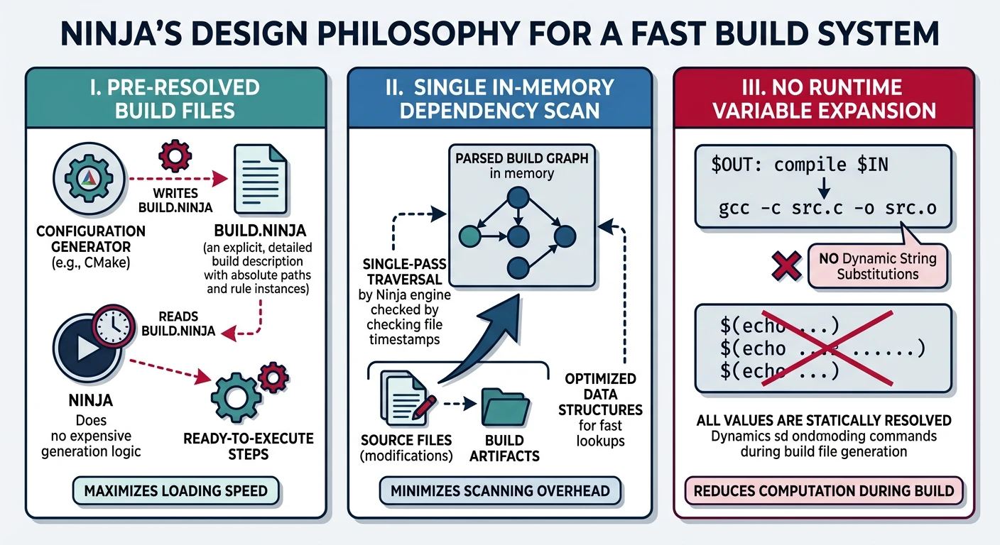 Diagram showing Ninja's design philosophy: pre-resolved build files, single in-memory dependency scan, and no runtime variable expansion