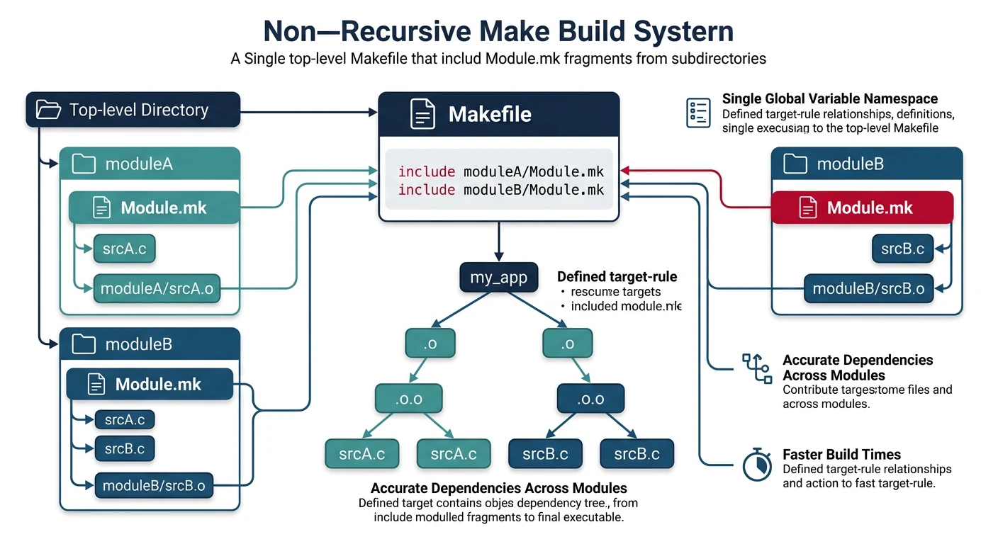 Diagram showing non-recursive make with a single top-level Makefile including Module.mk fragments from each subdirectory