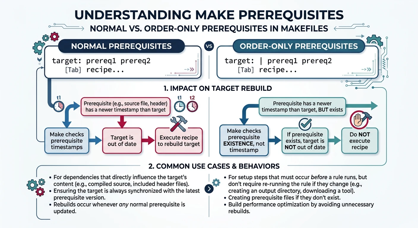 Comparison diagram showing normal prerequisites versus order-only prerequisites in Make