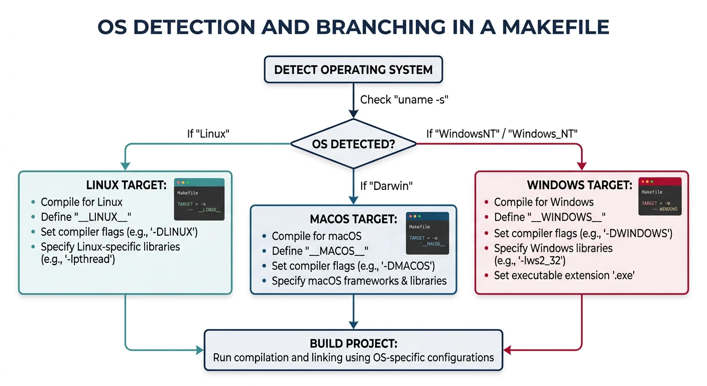 Diagram showing OS detection branching for Linux, macOS, and Windows in a Makefile