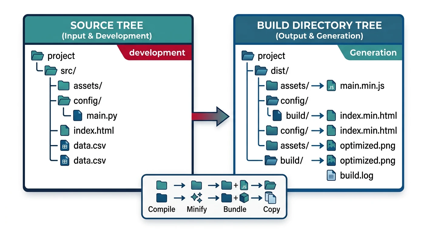 Side-by-side comparison showing source tree on the left mirrored by a parallel build directory tree on the right