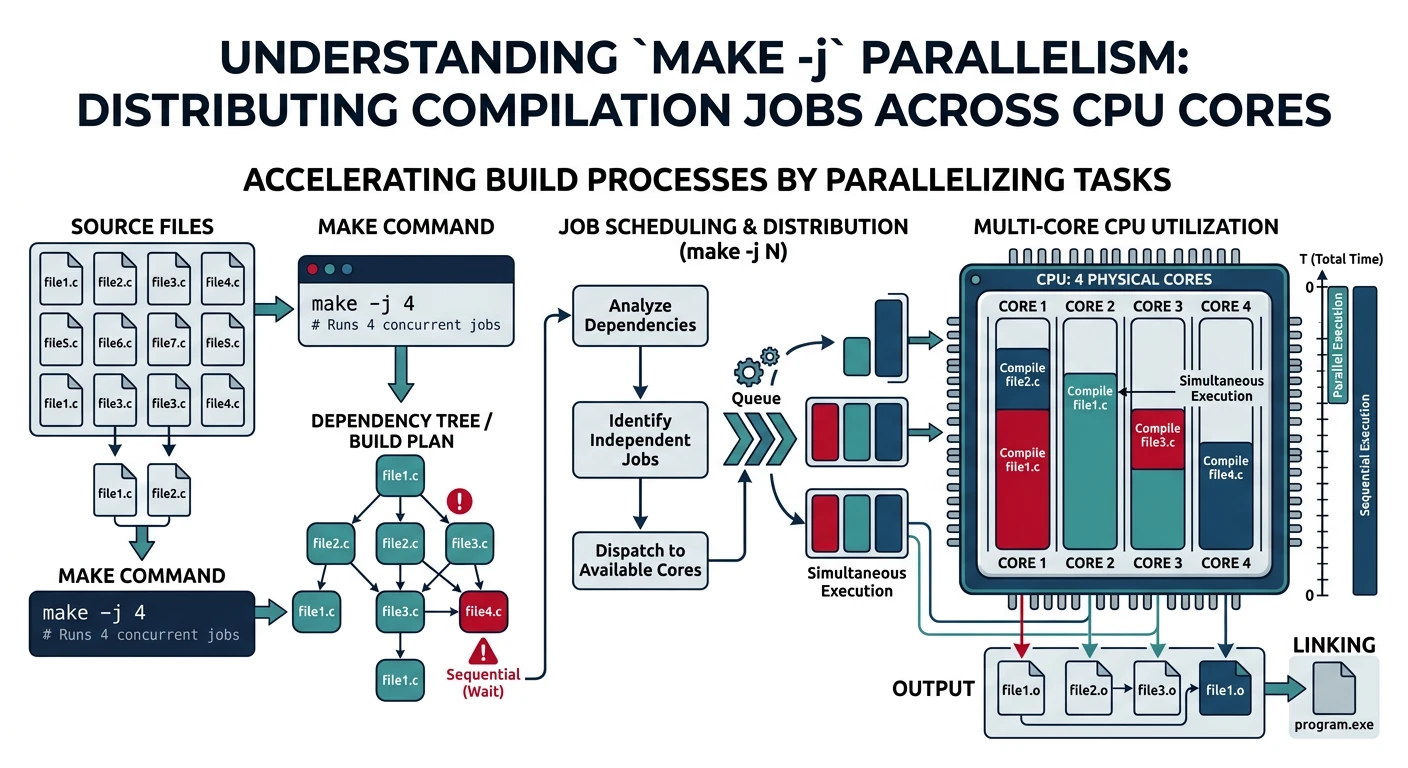 Diagram showing make -j parallelism distributing compilation jobs across multiple CPU cores simultaneously